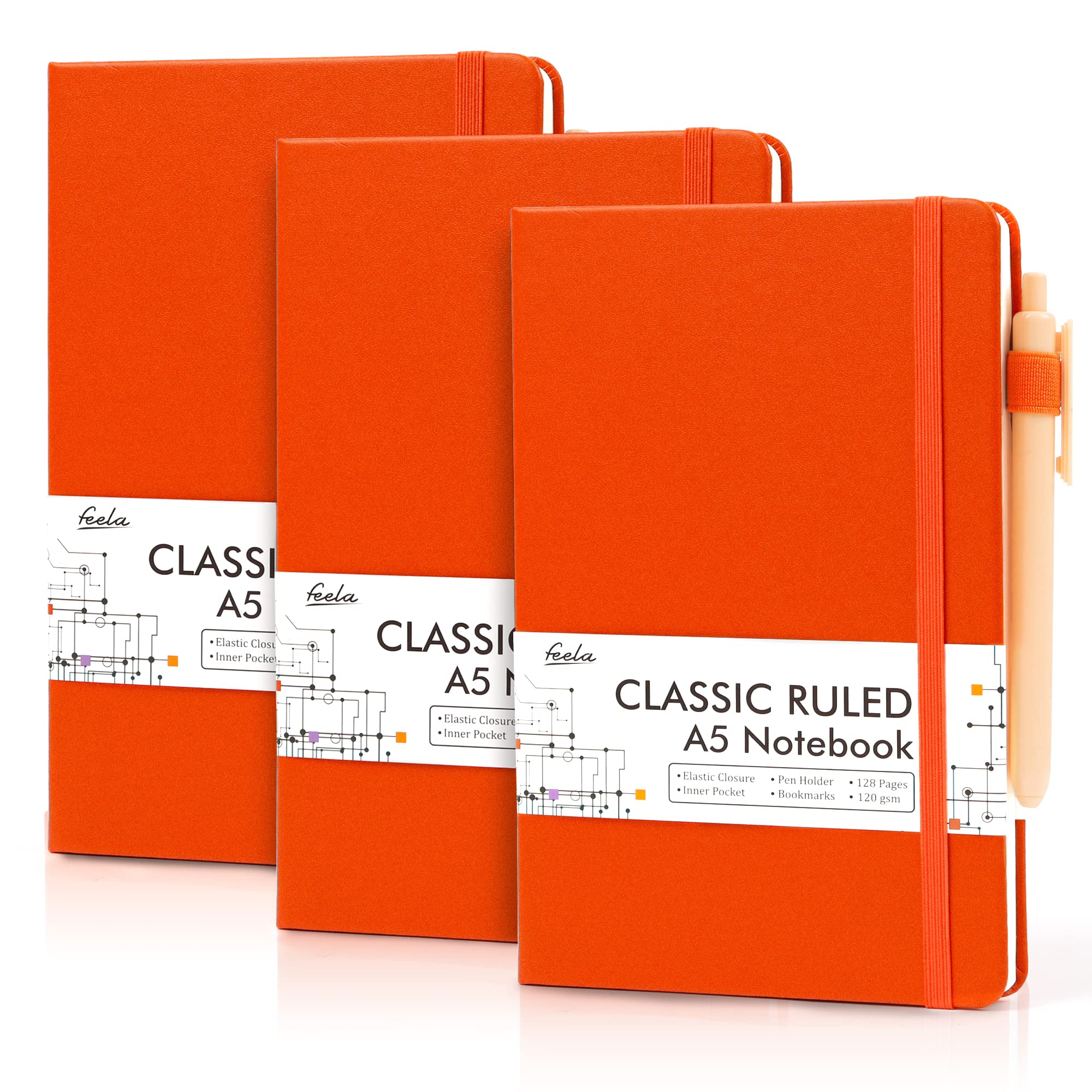 3 Pack Notebooks Journals Bulk With 3 Black Pens, Feela A5 Hardcover Notebook Classic Ruled Lined Journal Set With Pen Holder Fo